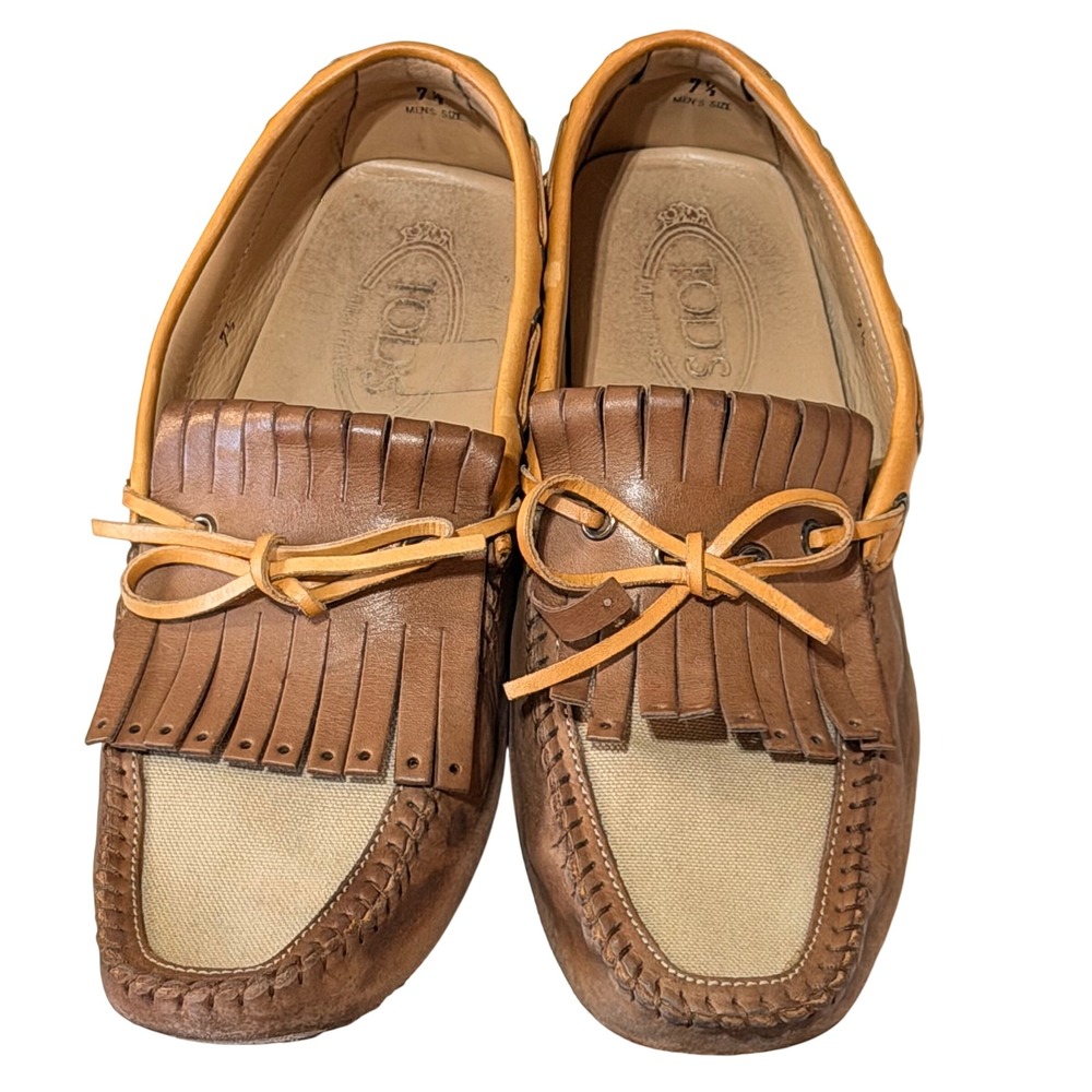 Tods Gommino Driving Shoes Mens 7.5 Brown Leather Canvas Kiltie Loafers Italy